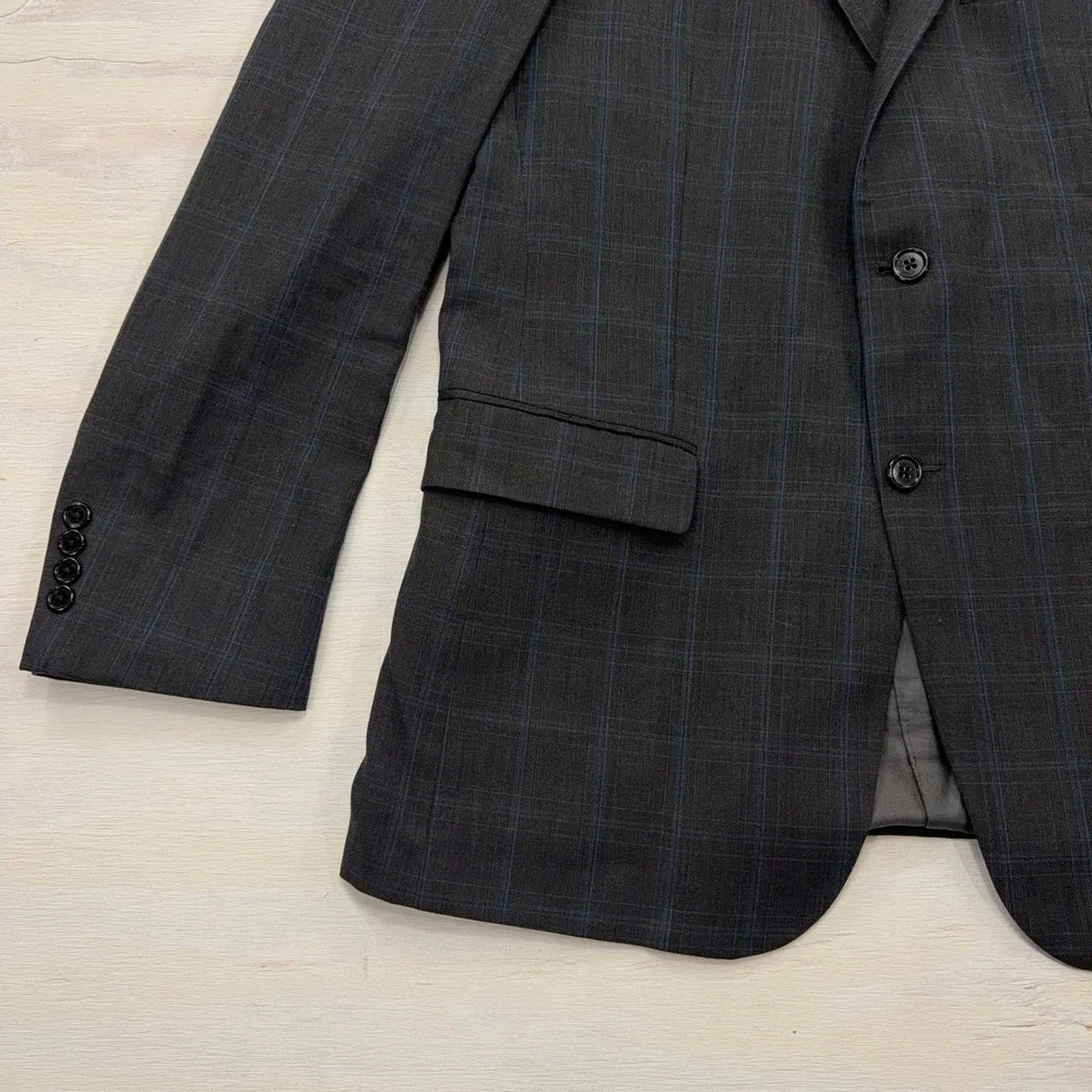 Hart Schaffner Marx Suit Jacket Plaid 2-Button Sport Coat Charcoal Blue Mens 42R